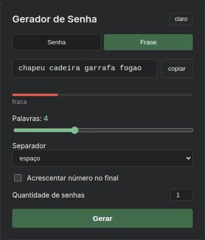 Gerador de senha no modo frase, com a senha chapeu cadeira garrafa fogao